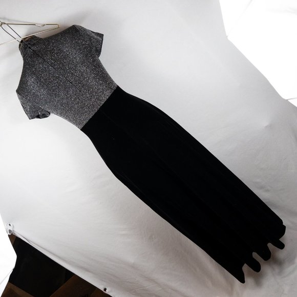 Vintage Rimini Velvet Formal Evening Maxi Empire Dress Black Silver Mock Neck S - Picture 3 of 5